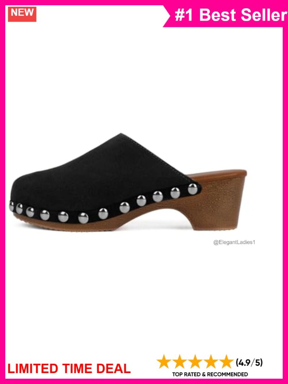 Studded Platform Mules Slip On Low Heels Wooden Sole Suede Clogs